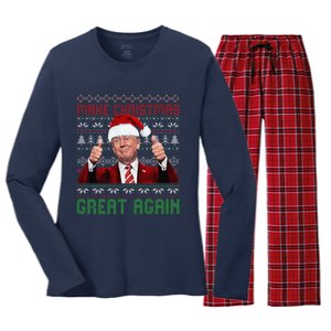 Make Christmas Great Again Santa Trump 2024 Ugly Sweater Women's Long Sleeve Flannel Pajama Set 