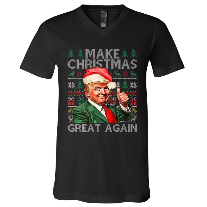 Make Christmas Great Again Funny Trump Xmas Snow Pajama Ugly V-Neck T-Shirt