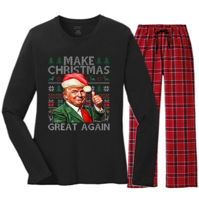 Make Christmas Great Again Funny Trump Xmas Snow Pajama Ugly Women's Long Sleeve Flannel Pajama Set 