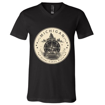 Michigan Compass Great Lake State MI Pride USA V-Neck T-Shirt