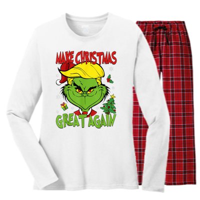 Make Christmas Great Again Funny Santa Trump 2024 Women's Long Sleeve Flannel Pajama Set 