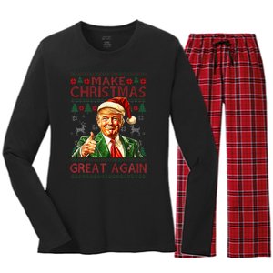 Make Christmas Great Again Funny Trump Santa Hat Xmas Ugly Women's Long Sleeve Flannel Pajama Set 