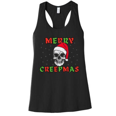 Merry Creepmas Gothic Christmas Skeleton Skull In Santa Hat Women's Racerback Tank