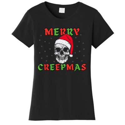 Merry Creepmas Gothic Christmas Skeleton Skull In Santa Hat Women's T-Shirt