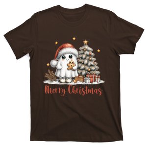 Merry Christmas Ghost With Santa Hat Xmas Tree Lights Gift T-Shirt