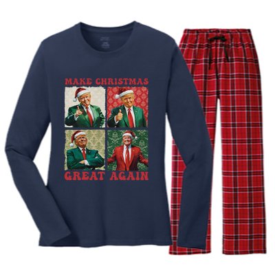 Make Christmas Great Again Funny Santa Trump 2024 Xmas Women's Long Sleeve Flannel Pajama Set 