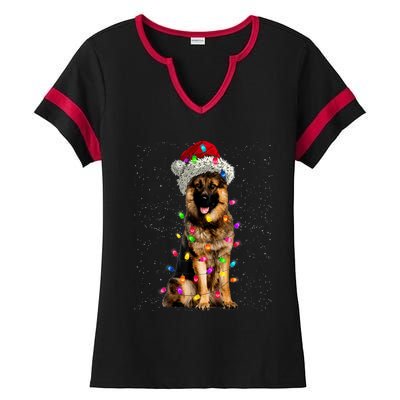 Merry Christmas German Shepherd Santa Hat Lights Xmas Ladies Halftime Notch Neck Tee