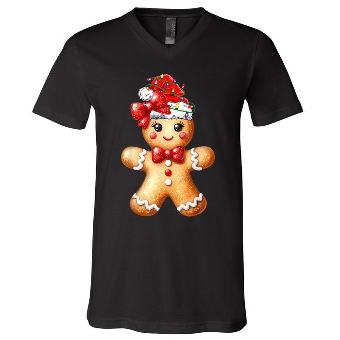 Merry Christmas Gingerbread Santa Pajamas V-Neck T-Shirt