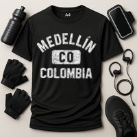 Medellin Colombia Gym Style Distressed White Print Cooling Performance Crew T-Shirt