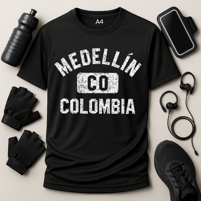 Medellin Colombia Gym Style Distressed White Print Cooling Performance Crew T-Shirt