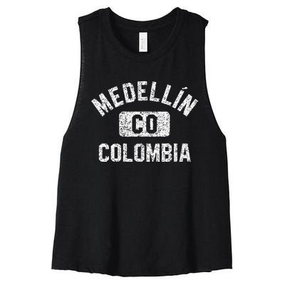 Medellin Colombia Gym Style Distressed White Print Women's Racerback Cropped Tank