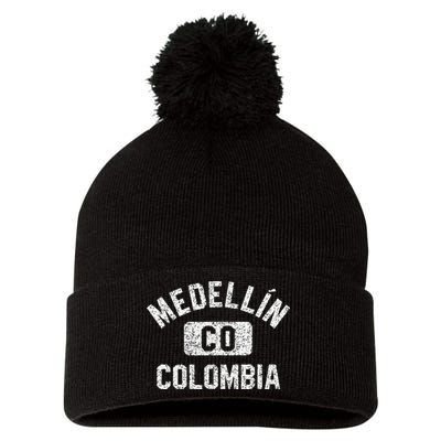 Medellin Colombia Gym Style Distressed White Print Pom Pom 12in Knit Beanie