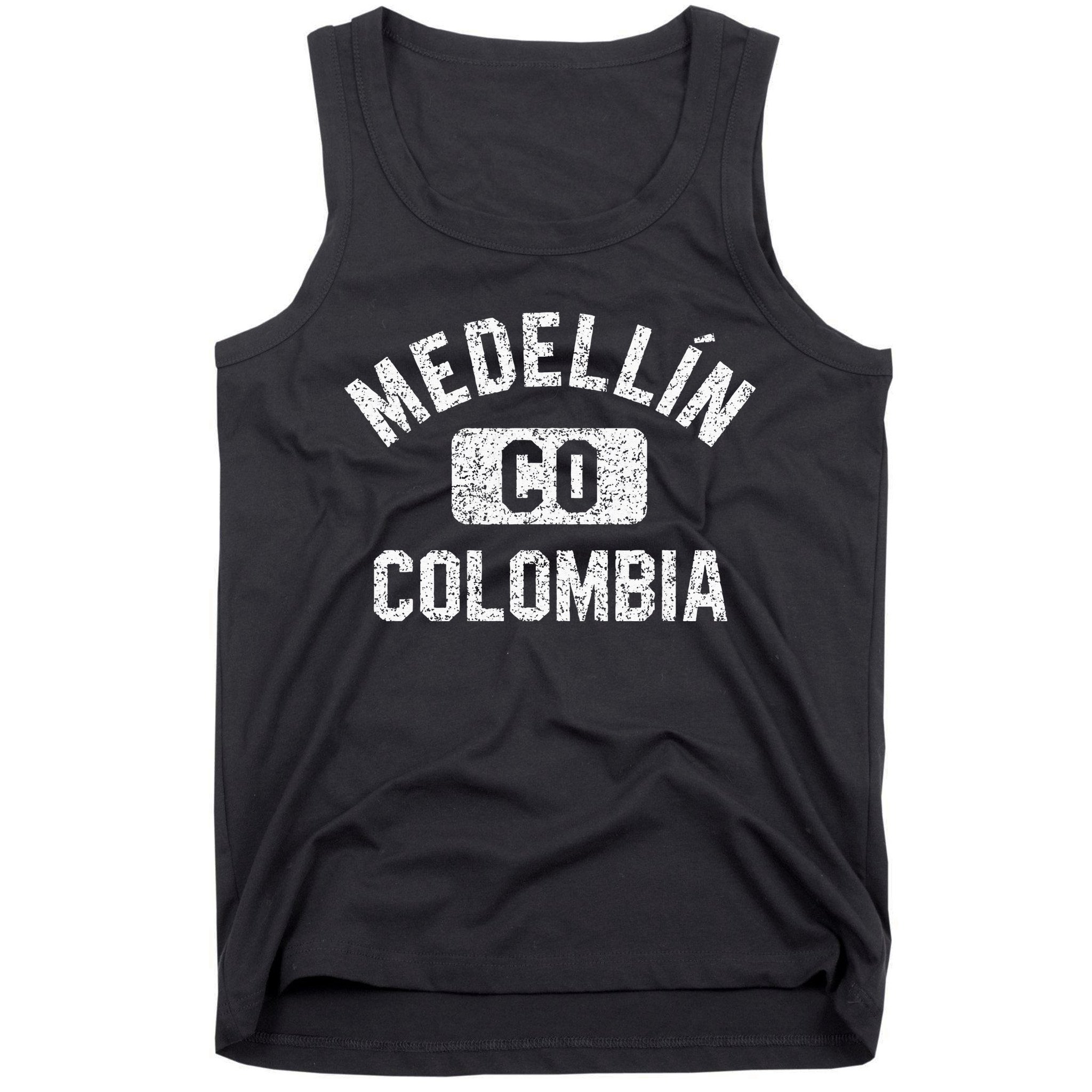 Medellin Colombia Gym Style Distressed White Print Tank Top