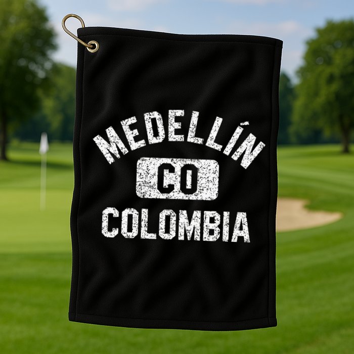 Medellin Colombia Gym Style Distressed White Print Golf Towel
