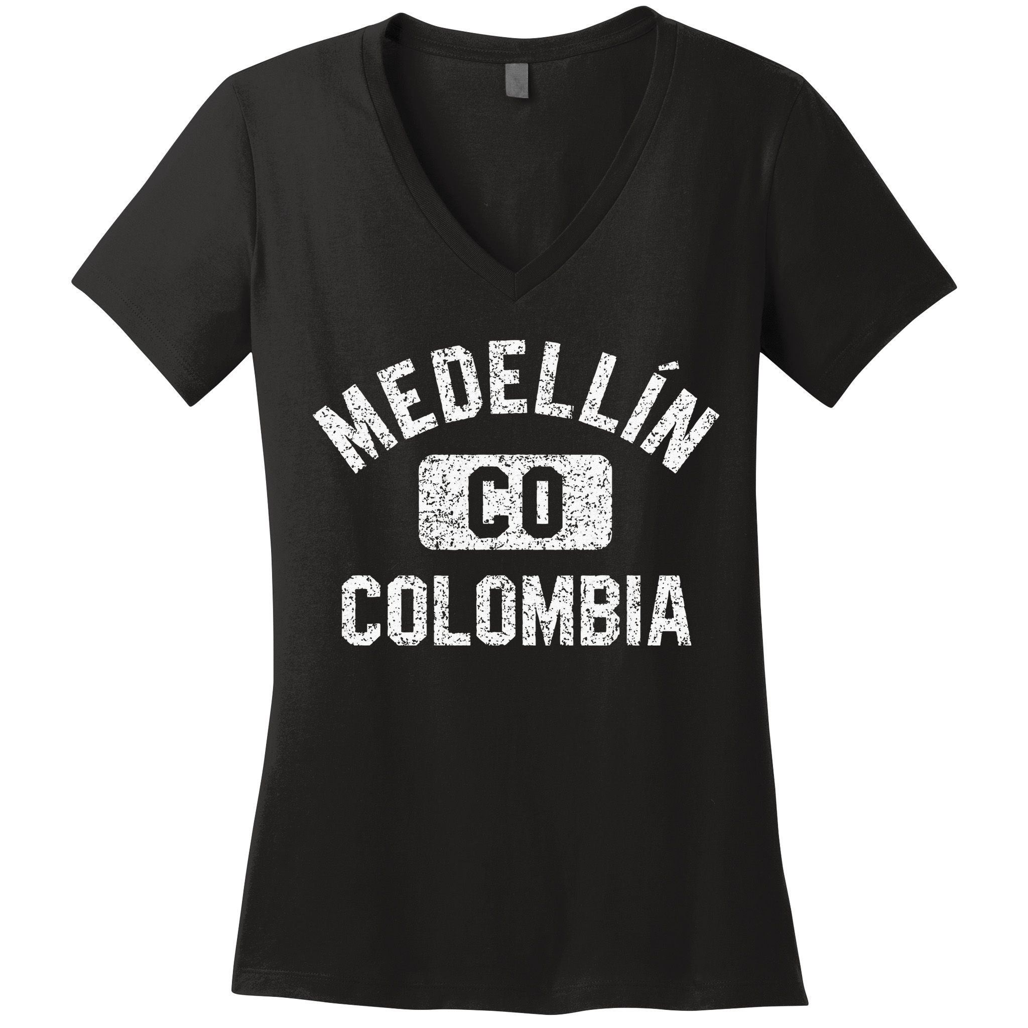 Medellin Colombia Gym Style Distressed White Print Women's V-Neck T-Shirt