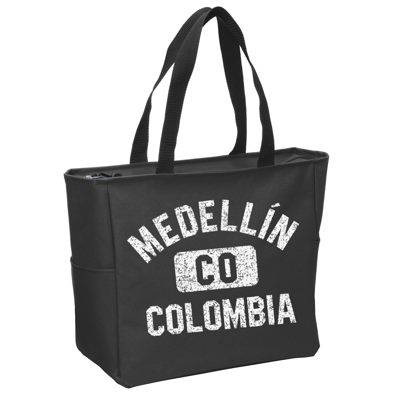 Medellin Colombia Gym Style Distressed White Print Zip Tote Bag