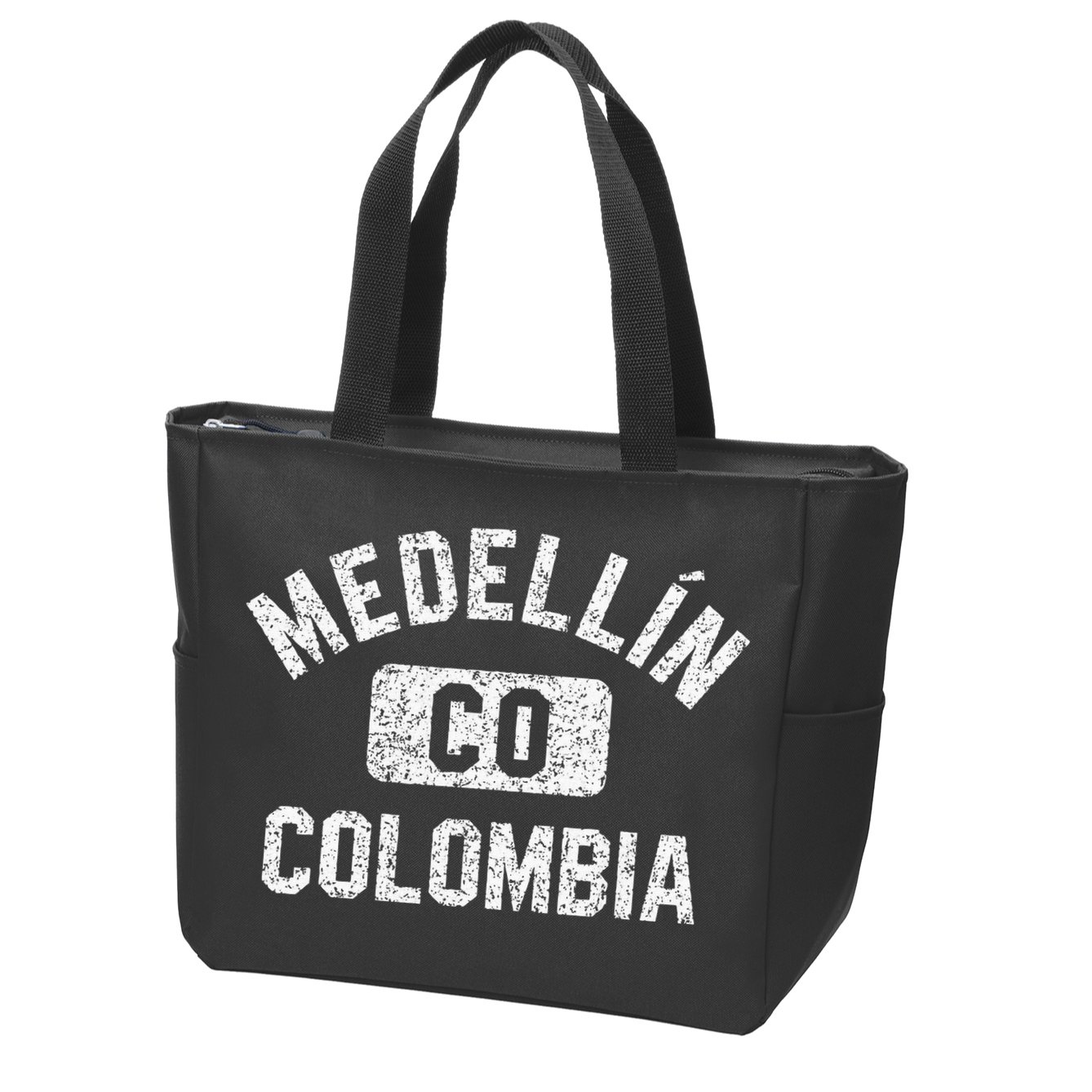 Medellin Colombia Gym Style Distressed White Print Zip Tote Bag