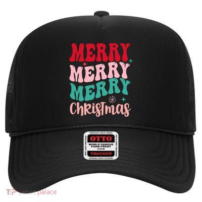 Merry Christmas Groovy Holiday Festive High Crown Mesh Back Trucker Hat