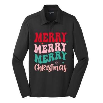 Merry Christmas Groovy Holiday Festive Silk Touch Performance Long Sleeve Polo