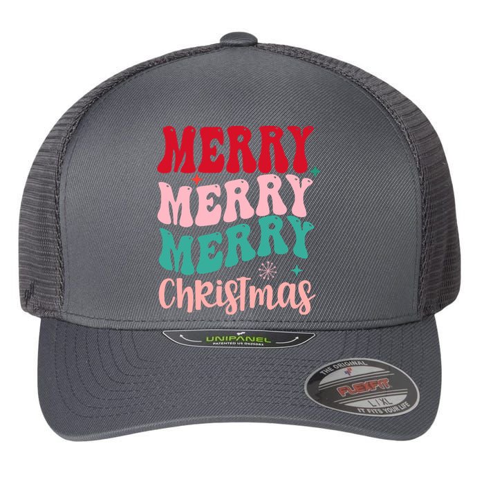 Merry Christmas Groovy Holiday Festive Flexfit Unipanel Trucker Cap