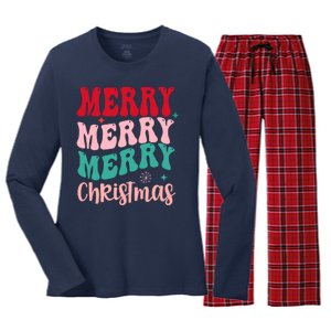 Merry Christmas Groovy Holiday Festive Women's Long Sleeve Flannel Pajama Set 