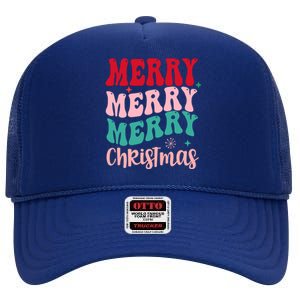 Merry Christmas Groovy Holiday Festive High Crown Mesh Back Trucker Hat