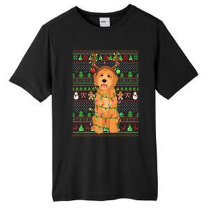 Merry Christmas Golden Doodle Dog Reindeer Xmas Lights Ugly Gift Tall Fusion ChromaSoft Performance T-Shirt