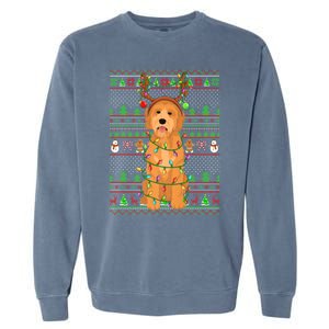 Merry Christmas Golden Doodle Dog Reindeer Xmas Lights Ugly Gift Garment-Dyed Sweatshirt