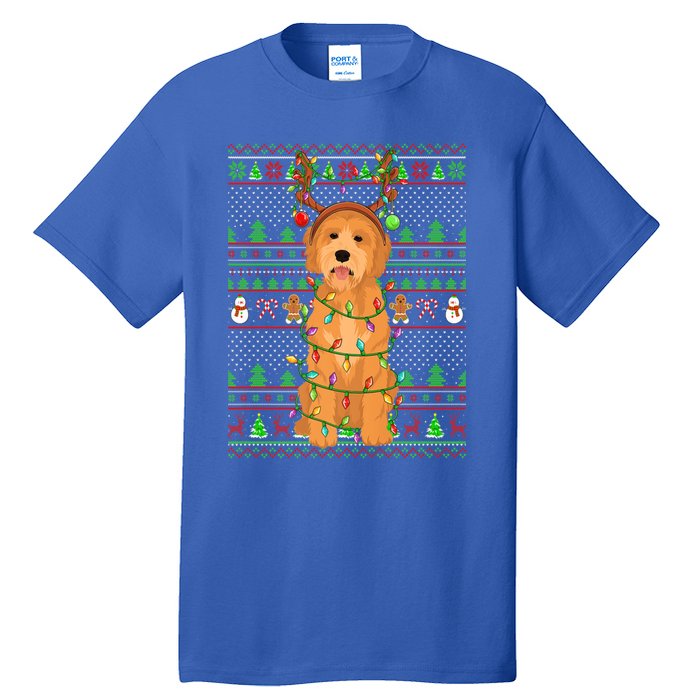 Merry Christmas Golden Doodle Dog Reindeer Xmas Lights Ugly Gift Tall T-Shirt