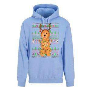 Merry Christmas Golden Doodle Dog Reindeer Xmas Lights Ugly Gift Unisex Surf Hoodie