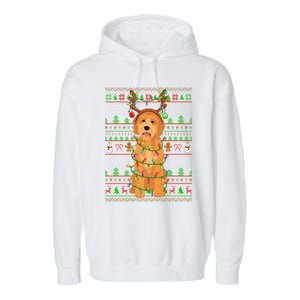 Merry Christmas Golden Doodle Dog Reindeer Xmas Lights Ugly Gift Garment-Dyed Fleece Hoodie