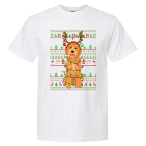 Merry Christmas Golden Doodle Dog Reindeer Xmas Lights Ugly Gift Garment-Dyed Heavyweight T-Shirt