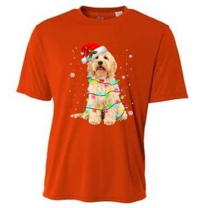 Merry Christmas Golden Doodle Dog Santa Hat Xmas Tree Lights Cute Gift Cooling Performance Crew T-Shirt