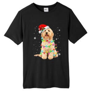 Merry Christmas Golden Doodle Dog Santa Hat Xmas Tree Lights Cute Gift Tall Fusion ChromaSoft Performance T-Shirt