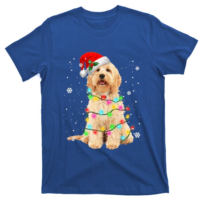 Merry Christmas Golden Doodle Dog Santa Hat Xmas Tree Lights Cute Gift T-Shirt