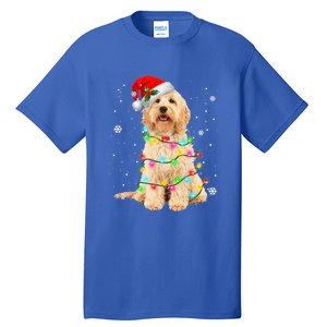 Merry Christmas Golden Doodle Dog Santa Hat Xmas Tree Lights Cute Gift Tall T-Shirt