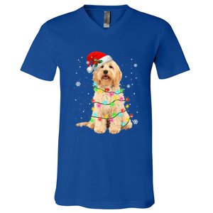 Merry Christmas Golden Doodle Dog Santa Hat Xmas Tree Lights Cute Gift V-Neck T-Shirt