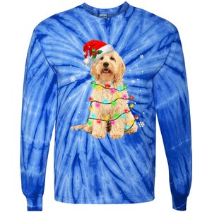 Merry Christmas Golden Doodle Dog Santa Hat Xmas Tree Lights Cute Gift Tie-Dye Long Sleeve Shirt