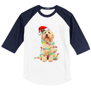 Merry Christmas Golden Doodle Dog Santa Hat Xmas Tree Lights Cute Gift Baseball Sleeve Shirt