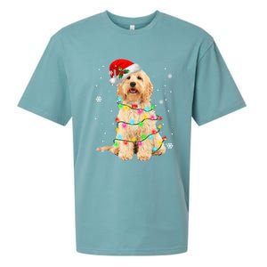 Merry Christmas Golden Doodle Dog Santa Hat Xmas Tree Lights Cute Gift Sueded Cloud Jersey T-Shirt