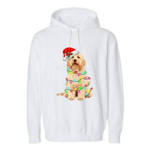 Merry Christmas Golden Doodle Dog Santa Hat Xmas Tree Lights Cute Gift Garment-Dyed Fleece Hoodie