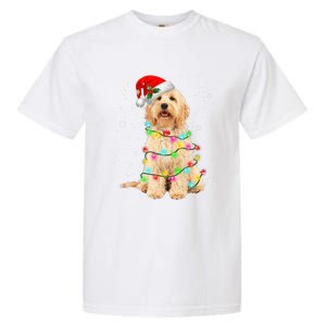 Merry Christmas Golden Doodle Dog Santa Hat Xmas Tree Lights Cute Gift Garment-Dyed Heavyweight T-Shirt