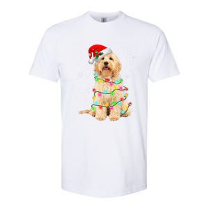 Merry Christmas Golden Doodle Dog Santa Hat Xmas Tree Lights Cute Gift Softstyle CVC T-Shirt