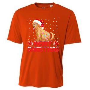 Merry Christmas Golden Retriever Santa Hat Lights Snowflakes Gift Cooling Performance Crew T-Shirt