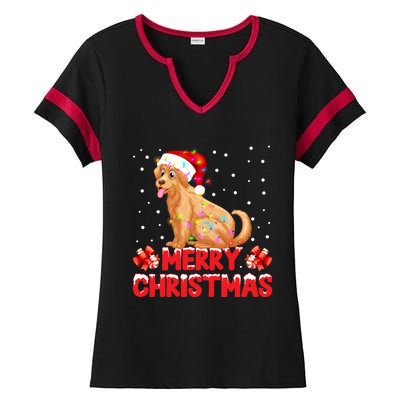 Merry Christmas Golden Retriever Santa Hat Lights Snowflakes Gift Ladies Halftime Notch Neck Tee