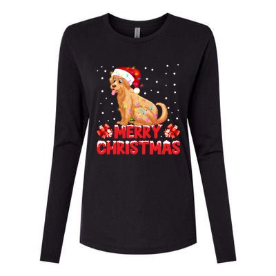 Merry Christmas Golden Retriever Santa Hat Lights Snowflakes Gift Womens Cotton Relaxed Long Sleeve T-Shirt