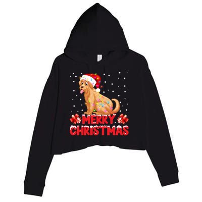 Merry Christmas Golden Retriever Santa Hat Lights Snowflakes Gift Crop Fleece Hoodie