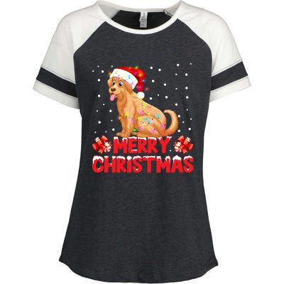 Merry Christmas Golden Retriever Santa Hat Lights Snowflakes Gift Enza Ladies Jersey Colorblock Tee