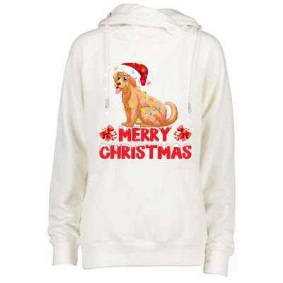 Merry Christmas Golden Retriever Santa Hat Lights Snowflakes Gift Womens Funnel Neck Pullover Hood