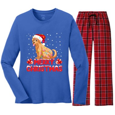 Merry Christmas Golden Retriever Santa Hat Lights Snowflakes Gift Women's Long Sleeve Flannel Pajama Set 